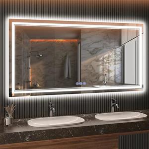 baklon Cornice doppia Specchio da Bagno con Luce 150 x 70 cm, Specchio Bagno LED con Antiappannamento, 3 Colori Luce, Dimmerabile, Funzione Memoria, IP65, Vetro Temperato
