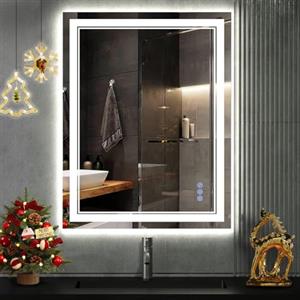 baklon Cornice doppia Specchio da Bagno con Luce 80 x 60 cm, Specchio Bagno LED con Antiappannamento, 3 Colori Luce, Dimmerabile, Funzione Memoria, IP65, Vetro Temperato