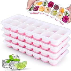 Jrisbo 4 Pezzi Stampo Cubetti di Ghiaccio con Coperchio, JRISBO Formine Cubi Ghiaccio Silicone 100% Senza BPA Certificato LFGB, Impilabili Vaschette Ghiaccio per Cocktail, Facili da Rilascio (Rosa)