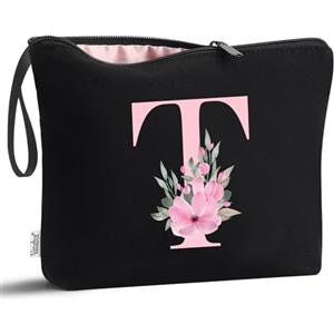 Vavabox Beauty case con iniziali personalizzate dalla A alla Z, regalo di compleanno per donne, regalo per sposa, damigella d'onore (T, Black)