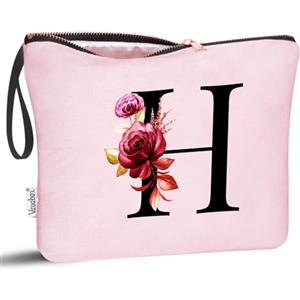 Vavabox Beauty case con iniziali personalizzate dalla A alla Z, regalo di compleanno per donne, regalo per sposa, damigella d'onore (H, Pink)