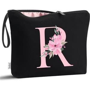 Vavabox Beauty case con iniziali personalizzate dalla A alla Z, regalo di compleanno per donne, regalo per sposa, damigella d'onore (R, Black)