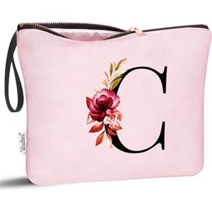 Vavabox Beauty case con iniziali personalizzate dalla A alla Z, regalo di compleanno per donne, regalo per sposa, damigella d'onore (C, Pink)