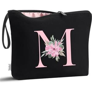 Vavabox Beauty case con iniziali personalizzate dalla A alla Z, regalo di compleanno per donne, regalo per sposa, damigella d'onore (M, Black)