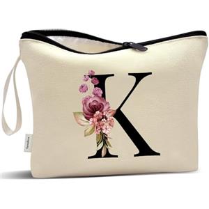 Vavabox Beauty case con iniziali personalizzate dalla A alla Z, regalo di compleanno per donne, regalo per sposa, damigella d'onore (K, Cream)