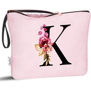 Vavabox Beauty case con iniziali personalizzate dalla A alla Z, regalo di compleanno per donne, regalo per sposa, damigella d'onore (K, Pink)