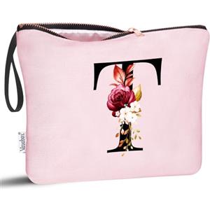 Vavabox Beauty case con iniziali personalizzate dalla A alla Z, regalo di compleanno per donne, regalo per sposa, damigella d'onore (T, Pink)