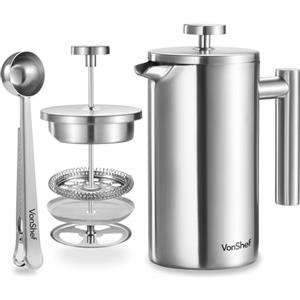 VonShef Caffettiera French Press da 6 Tazze, Doppia Parete in Acciaio Inossidabile da 800ml con Cucchiaio Dosatore/Clip Sigilla Busta, Macchina Caffè con Stantuffo e Filtro Lavabile in Lavastoviglie
