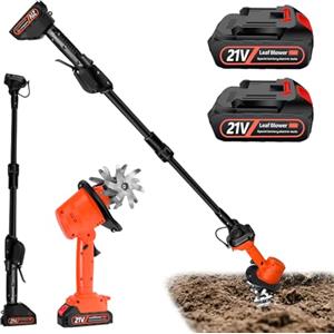Aisny Motozappa a Batteria, 21V Motocoltivatore da Giardino con 2 Batterie 3000mAh e Manico da 1,3m Zappatrice Elettrica 4 Lame in Metallo 10cm Larghezza di Lavoro 10cm Profondità di Lavoro