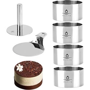 Hilsita 4 Pezzi Coppapasta Tondi, 10.2 cm, con 1 Pressa e 1 Base, Coppapasta tagliapasta in Acciaio Inox, Anelli Dessert, Anelli per Torte, Anello di Cottura Rotondo per DIY Mousse Torte Dessert