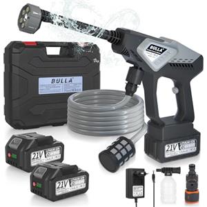 BULLA Idropulitrice a Batteria 6 in 1, con 2 Batterie da 4000mAh, Tubo da 5M - Idropulitrice Portatile Senza Fili per Auto, Giardino, Pavimenti e Esterni (Nero)