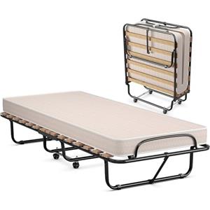 LIFEZEAL Brandina Pieghevole con Materasso in Memory Foam, 190x80x39cm, Letto Singolo a Scomparsa con 4 Ruote, Telaio in Acciaio, 15 Doghe in Legno, Peso Max 120kg, Salvaspazio, per Casa, Ufficio