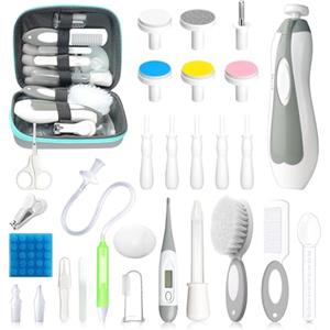 Qunlions life Kit per la cura della salute e la toelettatura del bambino, kit portatile 28 in 1, kit elettrico per tagliaunghie, con spazzola per capelli, pettine, aspiratore nasale, per neonati e ragazze (grigio