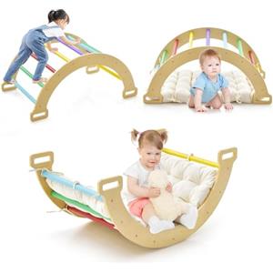 RELAX4LIFE Arco da Arrampicata per Bambini, Cavallo a Dondolo in Legno con Cuscino Morbido, Palestra Montessoriana per Bambini 3+ Anni (Colorato)