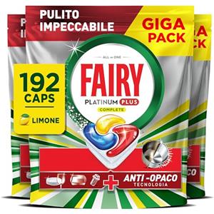 Fairy Platinum Detersivo Pastiglie Lavastoviglie Plus Complete, Brillantante, 192 Capsule, Limone, Tecnologia Anti-Opaco, Contro Il Grasso e le Incrostazioni Ostinate Anche Nei Cicli Brevi