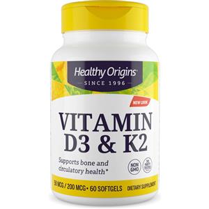 Healthy Origins Vitamin D3 & K2, 50mcg/200mcg - 60 Softgels - Vitamine D3 e K2