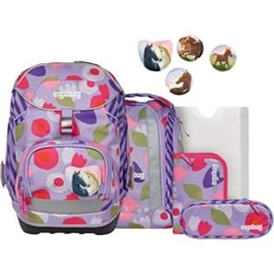 ergobag pack set zaino scolastico ergonomico, zainetto scuola flessibile 6 pezzi prima elementare Flower PowBear - Lilla