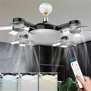Caunmar Ventilatore Da Soffitto Con Luce E Telecomando Silenzioso 30W Lampadina Con Ventilatore 6 Velocità, Timer Lampadario Con Ventilatore Piccolo Dimmerabile Per Camera Da Letto Cucina Con Base-Nero