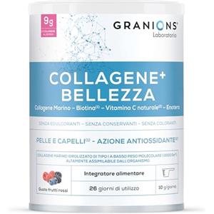 GRANIONS | Collagene Marino con Acido Ialuronico + BELLEZZA, 9g Collagene in Polvere - 320 mg Vitamina C Naturale, Biotina e Enotera - Pelle Idratata e Capelli Forti - Aroma Naturale Frutti Rossi 260g