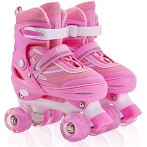PIPIZHU Pattini a Rotelle per Bambini, Bambina, Bambino, Pattini a 4 Ruote per ragazze, ragazzi e principianti, 4 taglie regolabili, adatti per interni ed esterni (Rosa, M)