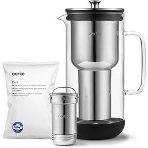 Aarke Purifier, caraffa filtrante 1,2 L / 5 tazze in vetro e acciaio inox - con una sacca di ricarica filtro Pure