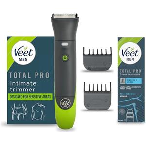 Veet Men Intimate Trimmer TOTAL PROTM, Rasoio elettrico uomo corpo e parti intime, 1 testina per zona intima e corpo e 2 pettini guida, Rifinitura precisa, Cordless + Crema Ascelle 100 ml