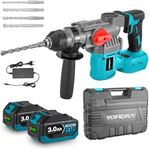 Yofidra Martello Perforatore Senza Fili 1500W 3J - Trapano a Percussione con 2 Batterie 3,0Ah, Scalpello, 4 Punte - Martello Demolitore 2 in 1 per Calcestruzzo, Pietra e Materiali Duri