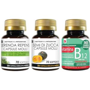 LABOTTEGADEGLIINTEGRATORI Set di integratori Serenoa Repens 70 Softgels, Zucca 70 Softgels e Vitamina B12 365 Compresse Orosolubili | Prostata e Energia