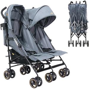 Jovikids Passeggino Gemellare Leggero per Bambini 0-36 Mesi, Doppio Passeggino per Gemelli/Fratelli fino a 15 kg, Cappottina Estesa, 5 Punti di Sicurezza, 2 Grandi Cestini (Grigio)