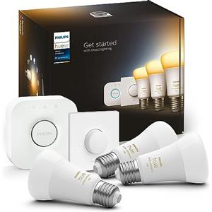Philips Hue White Ambiance Starter Kit con 3 Lampadine, Bluetooth, Controllo Vocale, Dimmerabili, Attacco E27 + 1 Bridge Hue Controllo Completo del Sistema + 1 telecomando Hue Smart Button, Bianco