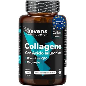 SEVENS NUTRITION Collagene marino con Acido Ialuronico Idrolizzato Puro - Integratore con Magnesio, Q10 e Vitamine A, C, D3, B12, Zinco - 120 Capsule - Pelle, Ossa e Articolazioni - Sevens