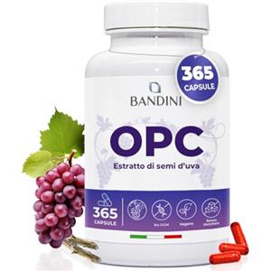 Bandini® Integratore OPC 365 Capsule Vegane, (95%) Estratto Semi d'Uva + Vitamina C, OPC puro da uva italiana con Contenuto più Alto Secondo HPLC, Antiossidante, Proantocianidina Oligomerica 95%