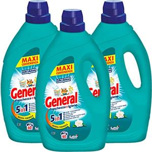 General 3x detersivo liquido General Freschezza+Igiene 5in1 per Lavatrice 60 Lavaggi - 3 Flaconi da 2,7L ciascuno