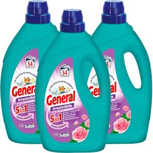 General Irresistibile 5in1 Detersivo Liquido per Lavatrice 54 Lavaggi Azione Scioglimacchia Efficace anche a Basse Temperature Bianco Profondo e Colori Brillanti - 3 Flaconi da 2,43L