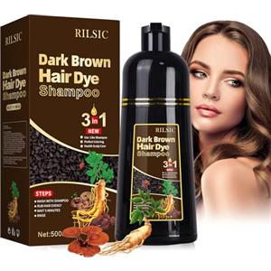 RILSIC Shampoo per Capelli Neri per Capelli Grigi, 500 ml Shampoo per Capelli 3 in 1,Colore Naturale, Shampoo Colorante,Shampoo per Capelli,Tintura per Capelli per Uomini Donne (Castano Scuro)