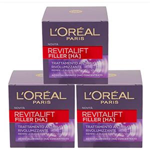 L'OREAL PARIS L'Oréal Paris Revitalift Filler Anti-Rughe Crema Viso Trattamento Rivolumizzante Rassodante Rimpolpante Tonificante Formula con Acido Ialuronico Puro Concentrato Texture Delicata - 3 Barattoli da 50ml