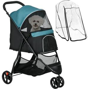 PawHut Passeggino per Cani Piccoli e Mini a 3 Ruote, Passeggino per Animali Pieghevole con Copertura Antipioggia, Cestino e Guinzaglio, Verde Scuro