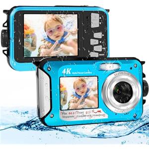 LEOLAMVAED 64MP Macchina Fotografica Subacquea Con Scheda Di Memoria Da 64 GB, 4K Fotocamera Subacquea Con Autofocus E Doppio Schermo Selfie HD, 5 Metri Fotocamera Subacquea Digitale (2 Batterie)