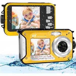 LEOLAMVAED 64MP Macchina Fotografica Subacquea Con Scheda Di Memoria Da 64 GB, 4K Fotocamera Subacquea Con Autofocus E Doppio Schermo Selfie HD, 5 Metri Fotocamera Subacquea Digitale (2 Batterie)