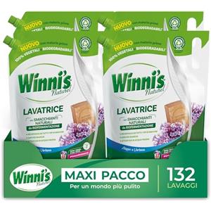 Winni's Winni's - Detersivo Lavatrice Ipoallergenico Ecoformato, 132 Lavaggi, Aleppo e Verbena, con Smacchianti Naturali da Biofermentazione e Materie Prime di Origine Vegetale, 1485mlx4 Confezioni