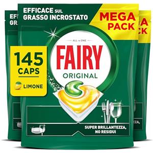 Fairy Original Pastiglie Lavastoviglie, 145 Capsule, Limone, Detersivo Con Azione Pulente Al Primo Lavaggio, Efficace Sul Grasso Incrostato Con Azione Brillante