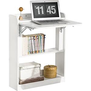 SoBuy Scrivania Salvaspazio Scrivania Ufficio con Ripiani Tavolo Pieghevole da Parete Tavolo Richiudibile per Computer Scrittoio da Lavoro Bianca 64x58x82cm FWT92-W