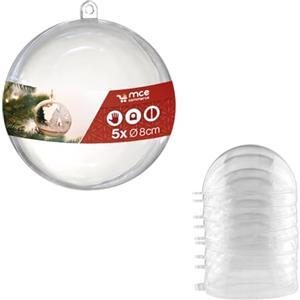 MCE-Commerce Sfera in plastica acrilica A66805, diametro 8 cm, trasparenti con occhiello per appenderle, 2 parti, 5 pezzi, palline in plexiglas, palline di Natale, sfera in plastica trasparente