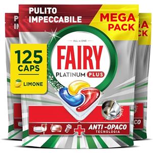 Fairy Platinum Detersivo Pastiglie Lavastoviglie Plus Complete, Brillantante, 125 Capsule, Limone, Tecnologia Anti-Opaco, Contro Il Grasso e le Incrostazioni Ostinate Anche Nei Cicli Brevi