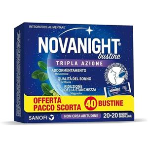 Novanight Tripla Azione Bustine, Magnesio, Melatonina per Dormire, Integratori per Dormire, Disturbi del Sonno - Senza Glutine, con Griffonia, Non Induce Dipendenza (40 Bst Gusto Camomilla e Agrumi)