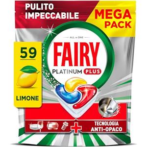 Fairy Platinum Plus Pastiglie Lavastoviglie, 59 Capsule, Limone, Detersivo Con Tecnologia Anti-Opaco, Contro Grasso e Incrostazioni Ostinate Anche nei Cicli Brevi
