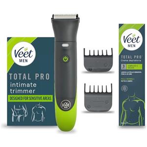 Veet Men Intimate Trimmer TOTAL PROTM, Rasoio elettrico uomo corpo e parti intime, 1 testina per zona intima e corpo e 2 pettini guida, Rifinitura precisa, Cordless + Crema 200 ml Pelli Normali