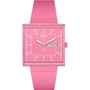 Swatch What If...Rose? / Bioceramic / orologio quadrato unisex / quadrante rosa / cassa plastica / cinturino plastica - SO34P700