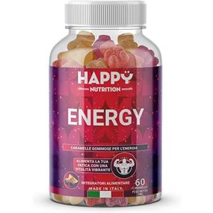 Happy Nutrition Caramelle Gommose Energia - Integratore con Amminoacidi (L-Teanina, L-Citrullina, L-Glutammina, L-Leucina, Taurina) e Caffeina Naturale - Vegan - Gusto Tutti Frutti - 60 Gummies