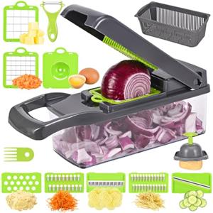 YVCVQKUC Tagliaverdure multifunzione 16 in 1, mandolina per verdure professionale, affettaverdure manuale con 7 lame regolabili, affettaverdure da cucina professionale per tagliare verdure, cipolle, patate